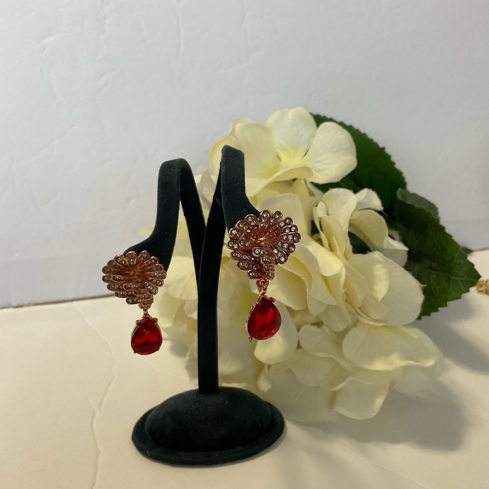 Simulated Ruby Austrian Crystal Earrings In Rose … - image 2